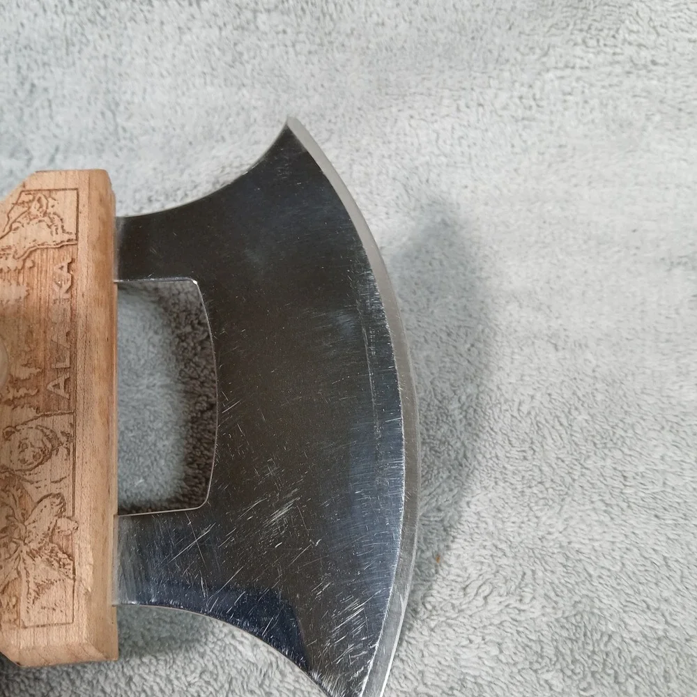 Alaska Ulu Knife Wood Carved Bear Wolf Scene Stainless Steel 5.5